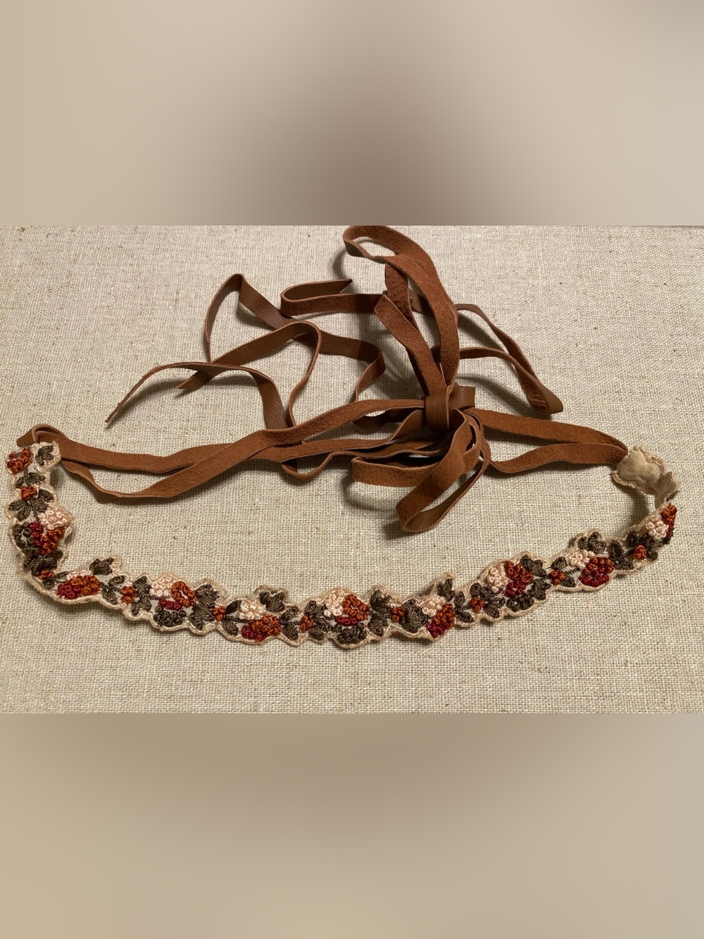 Handmade Brown Floral Embroidered Tie Belt